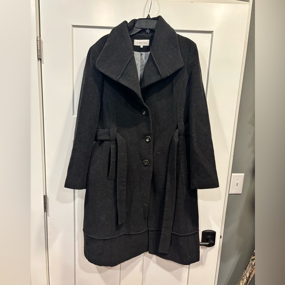 Calvin Klein Jackets & Blazers - Calvin Klein Wool Blend Pea Trench Coat Size 14 Belted Pockets Lined Black